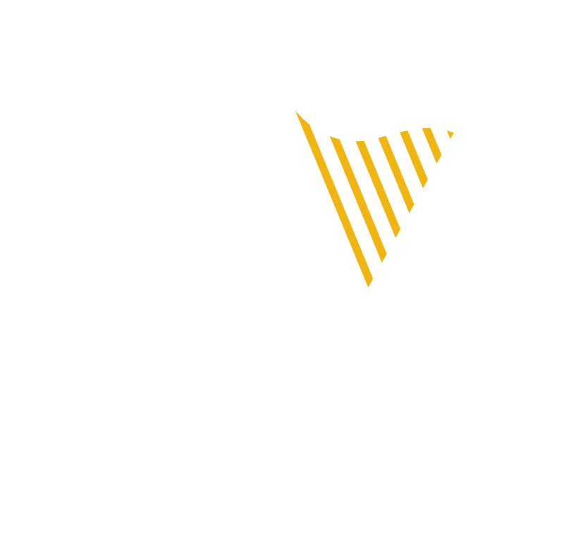 Yellow striped inverted triangle logo on a white background