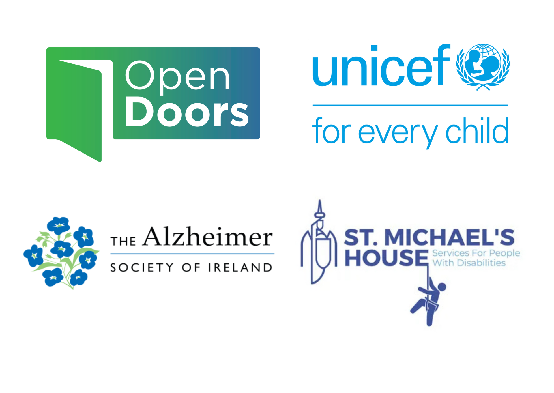 Open Doors, UNICEF, Alzheimer Society of Ireland, and St. Michael’s House logos on a white background
