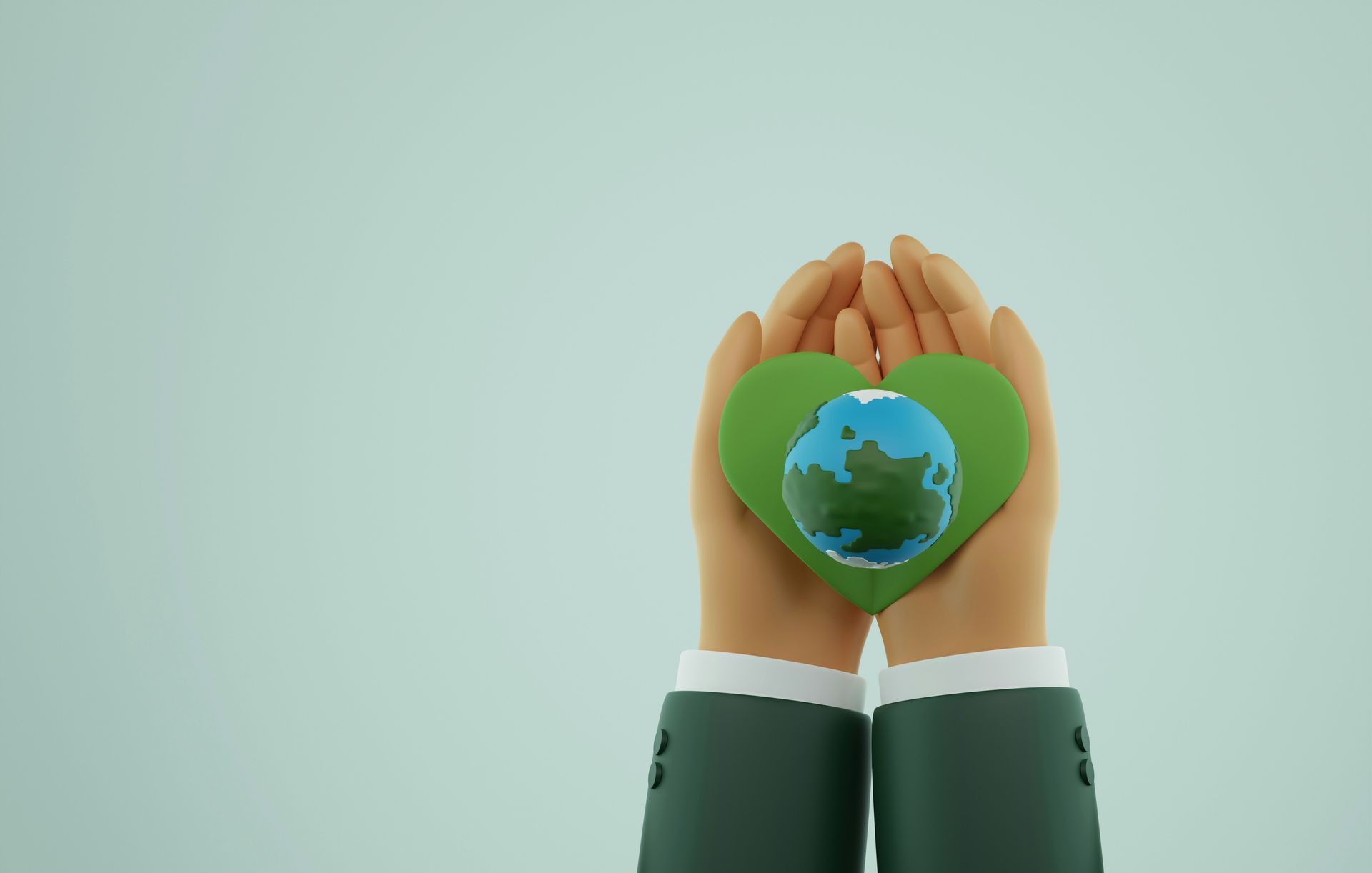 Hands holding a green heart with the Earth inside on a light background