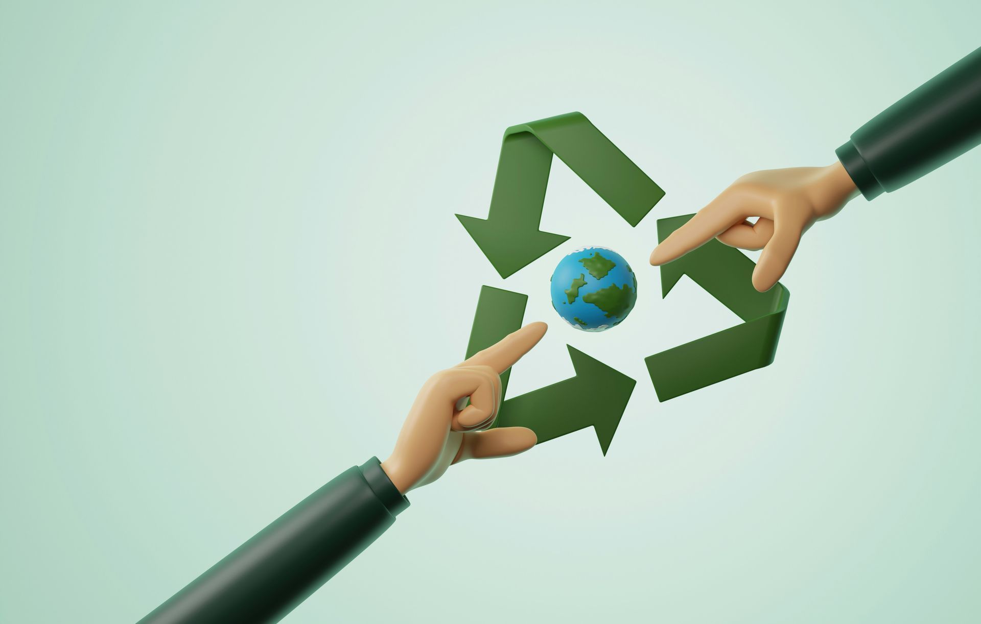 Two hands pointing at a globe surrounded by green recycling arrows