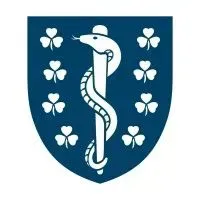 Blue shield with a white caduceus staff and six white shamrocks, forming a medical-style emblem
