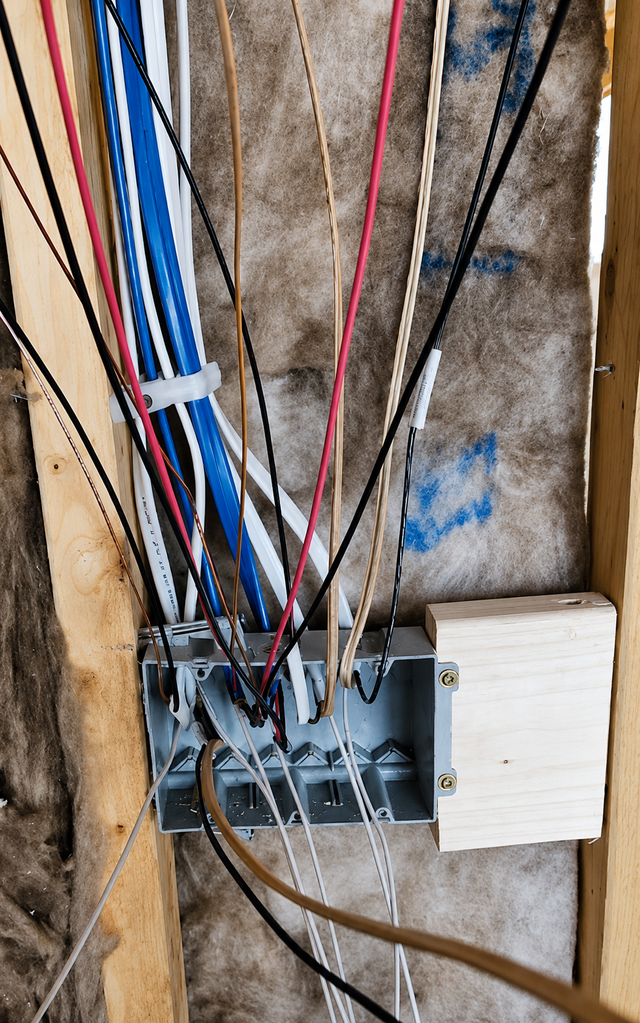 Electrical wiring in a wall box with bundled red, blue, black, and white cables behind a switch panel