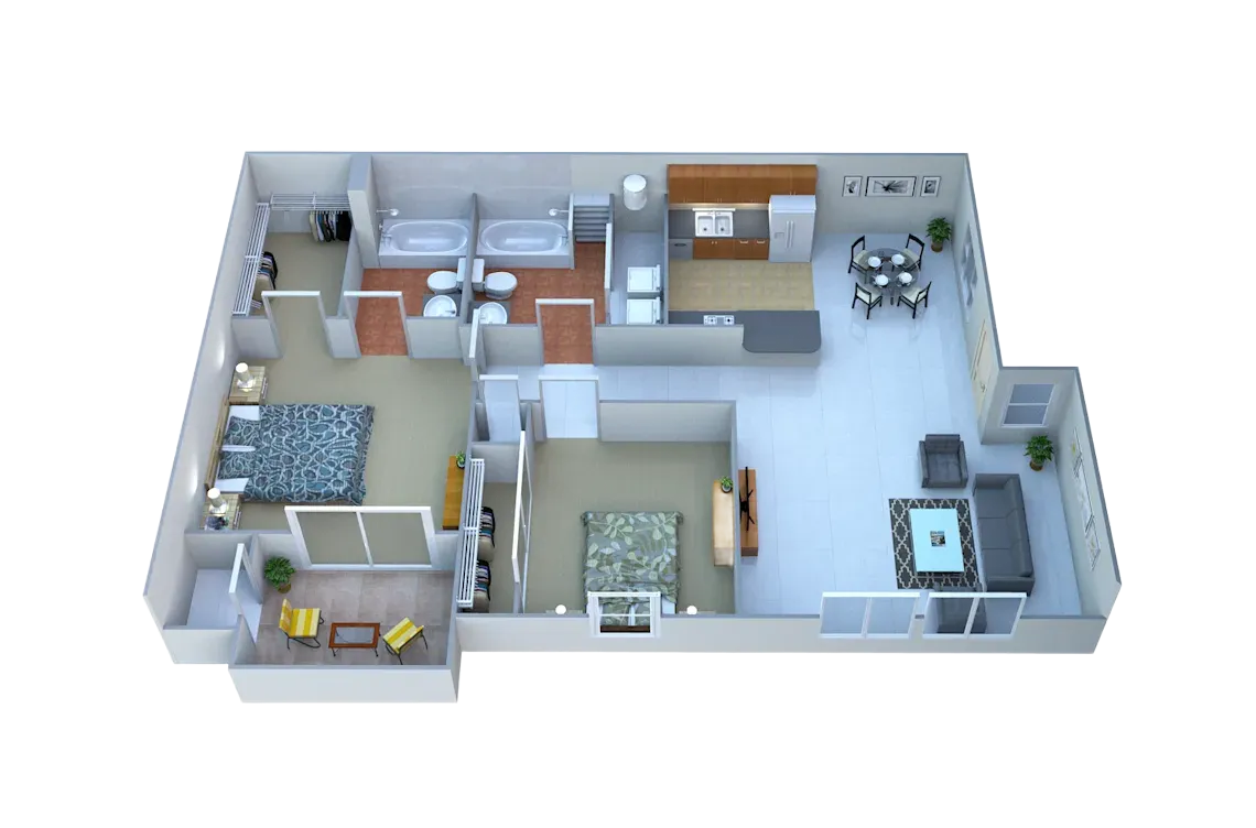 A 3D floor plan of a two-bedroom apartment featuring a kitchen, living area, balcony, and two bathrooms.