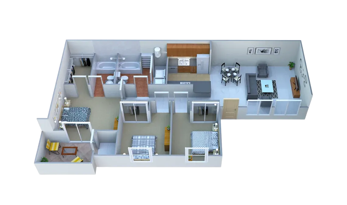 A 3D floor plan showing a two-bedroom, two-bathroom apartment with an open-concept kitchen, dining, and living area.