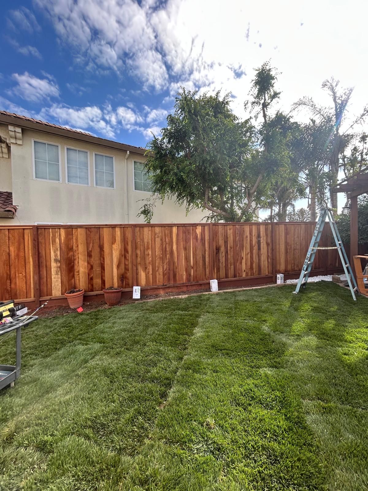 Newly constructed brown wooden fence in a backyard under a blue sky.
