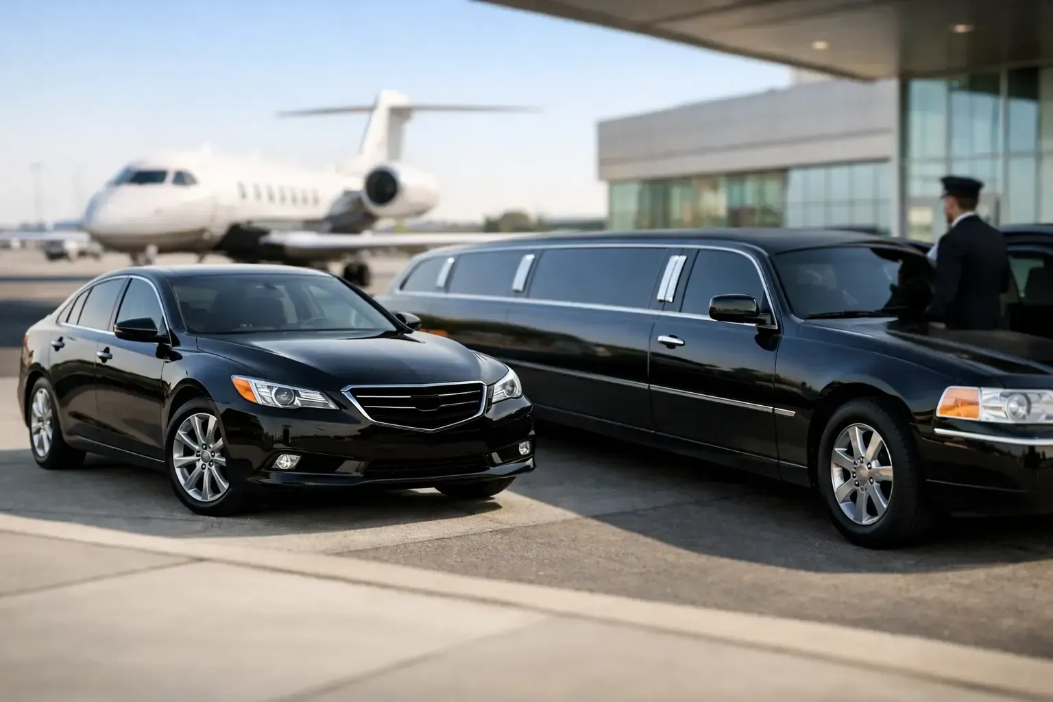Black sedan and stretch limousine parked outside an airport, with a private jet in the background.