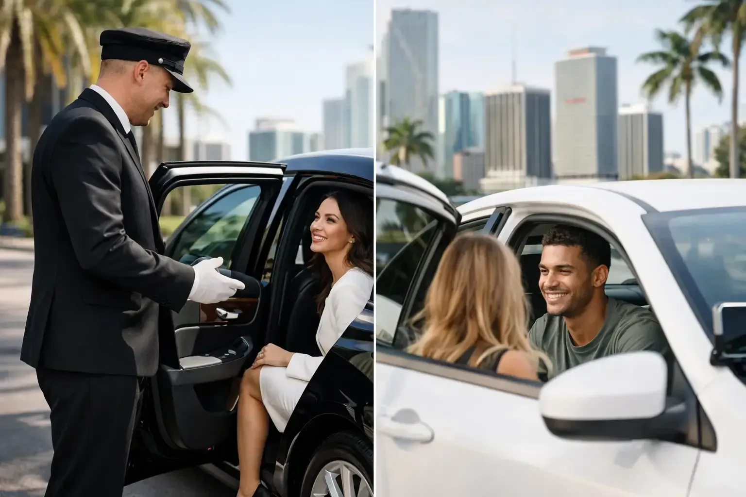 Driver handing papers to passengers at a roadside checkpoint with city skyline in the background