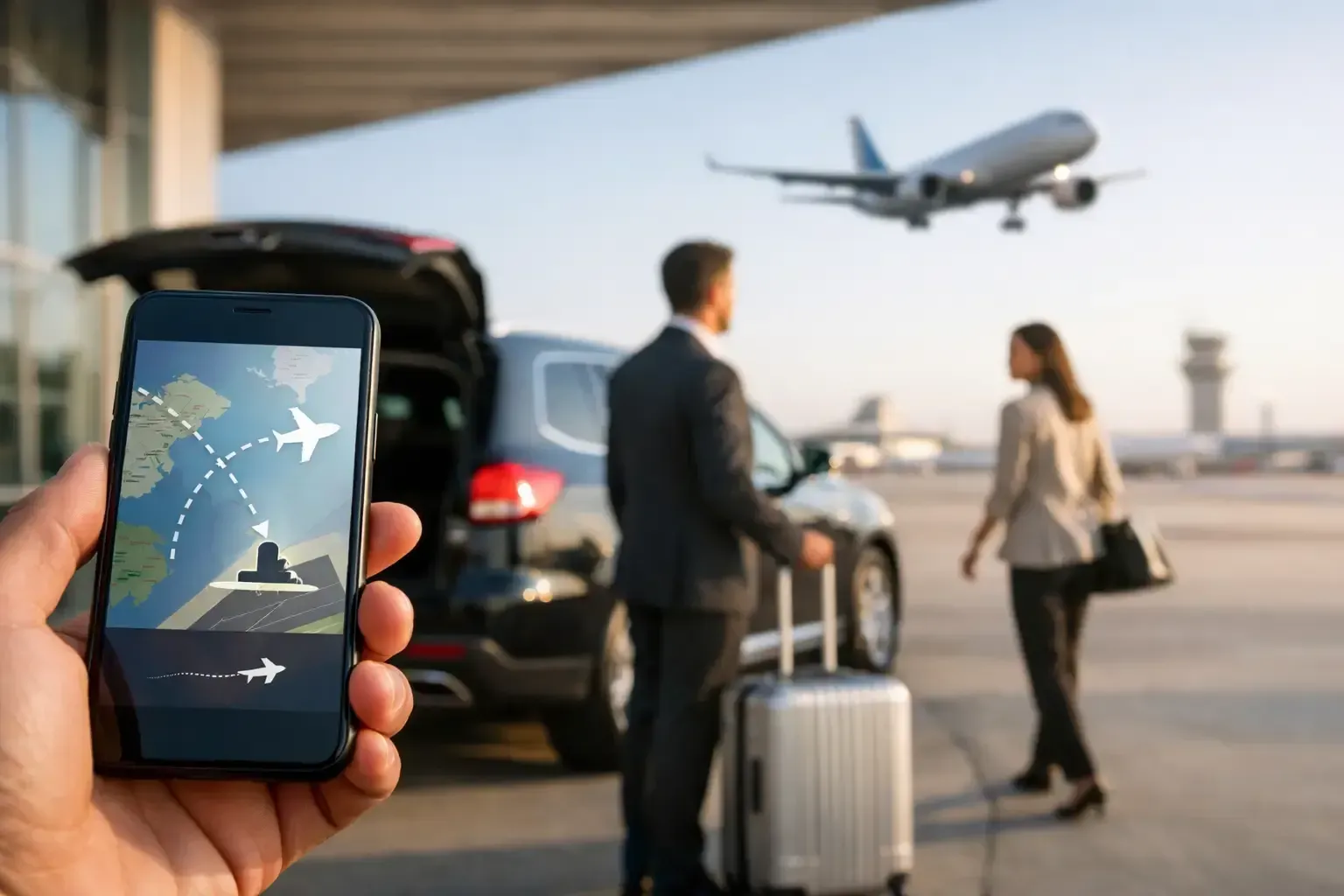 Travel app on a phone in foreground; travelers with luggage at an airport, plane landing in background
