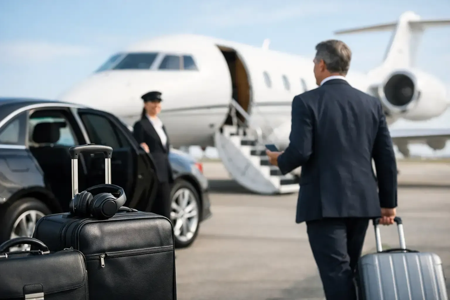 Businessman with suitcase approaching a private jet on the tarmac, with luggage and chauffeur nearby