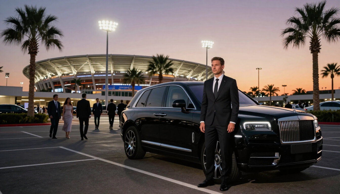 Chauffeur beside a black luxury SUV outside a stadium at dusk before an event