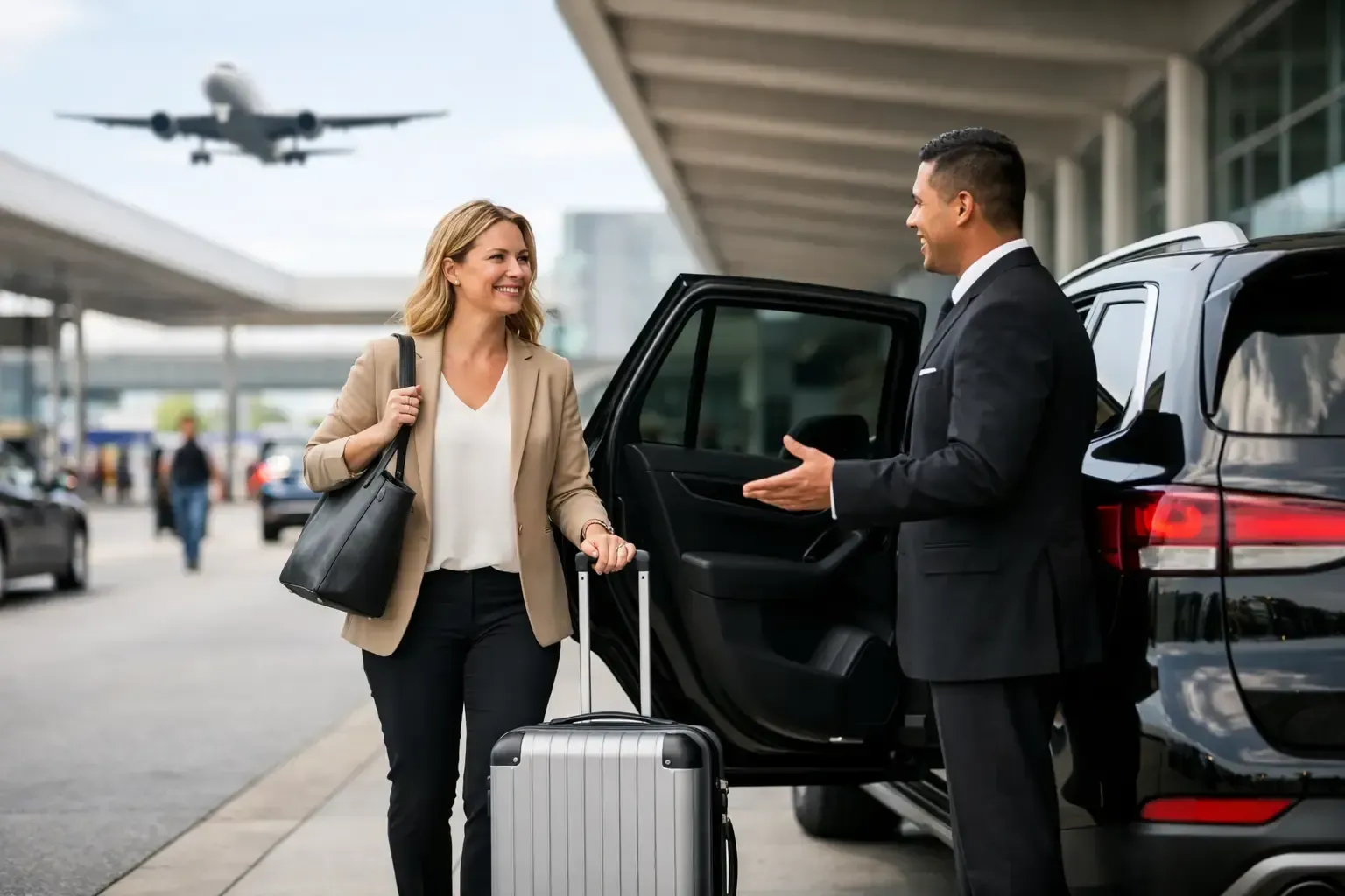 Traveler with suitcase being greeted by chauffeur beside a black SUV at an airport curb, plane landing in background