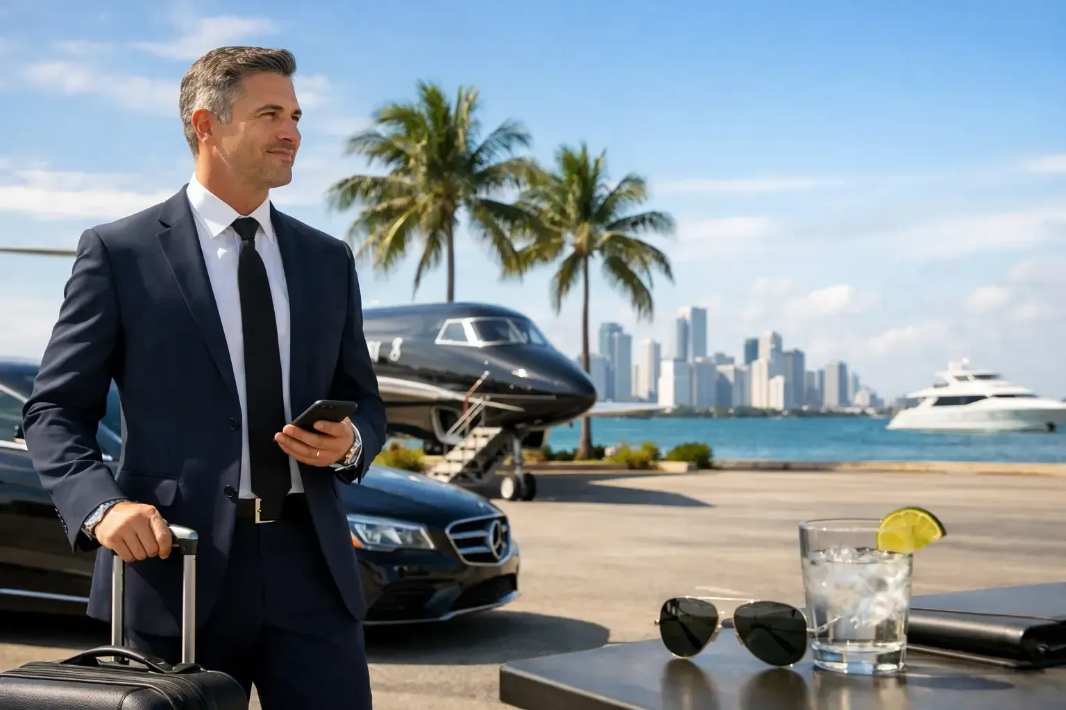Businessman in navy suit beside a yacht, luxury car, and waterfront skyline on a sunny day
