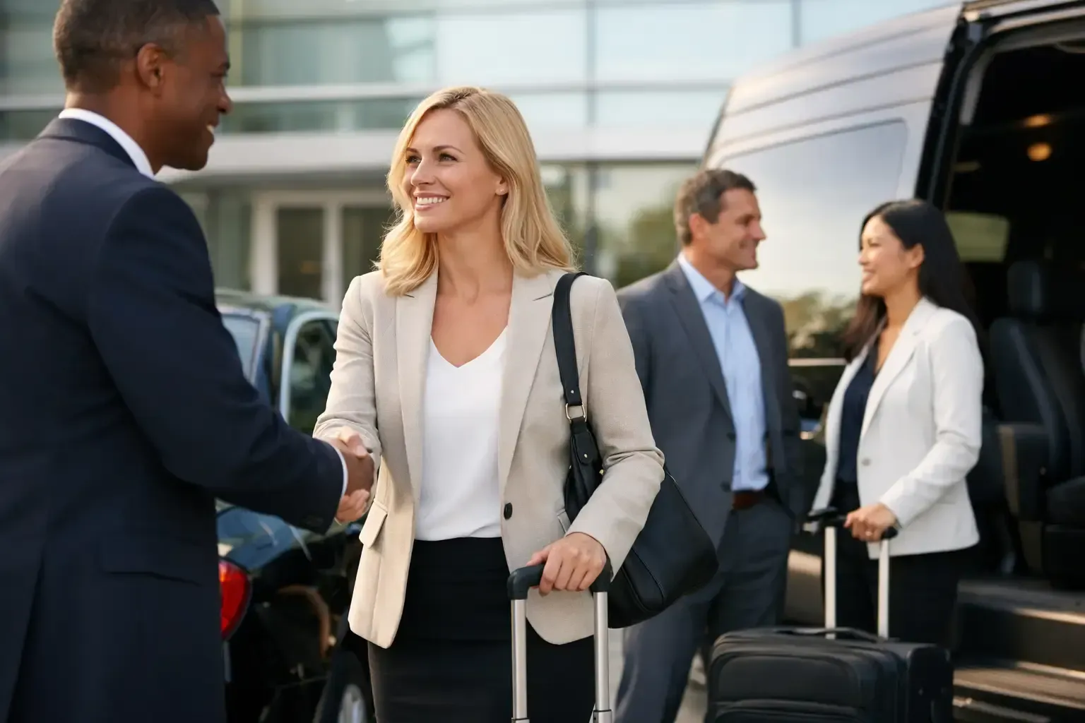 Business travelers with luggage greeting beside a black van outside a building