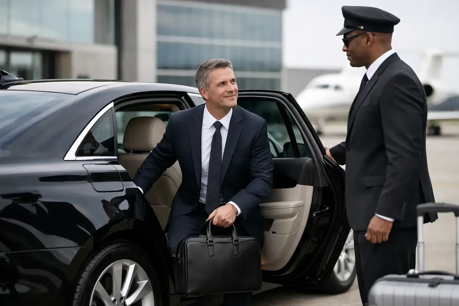 Businessman stepping out of a black car while greeting a chauffeur in front of a building