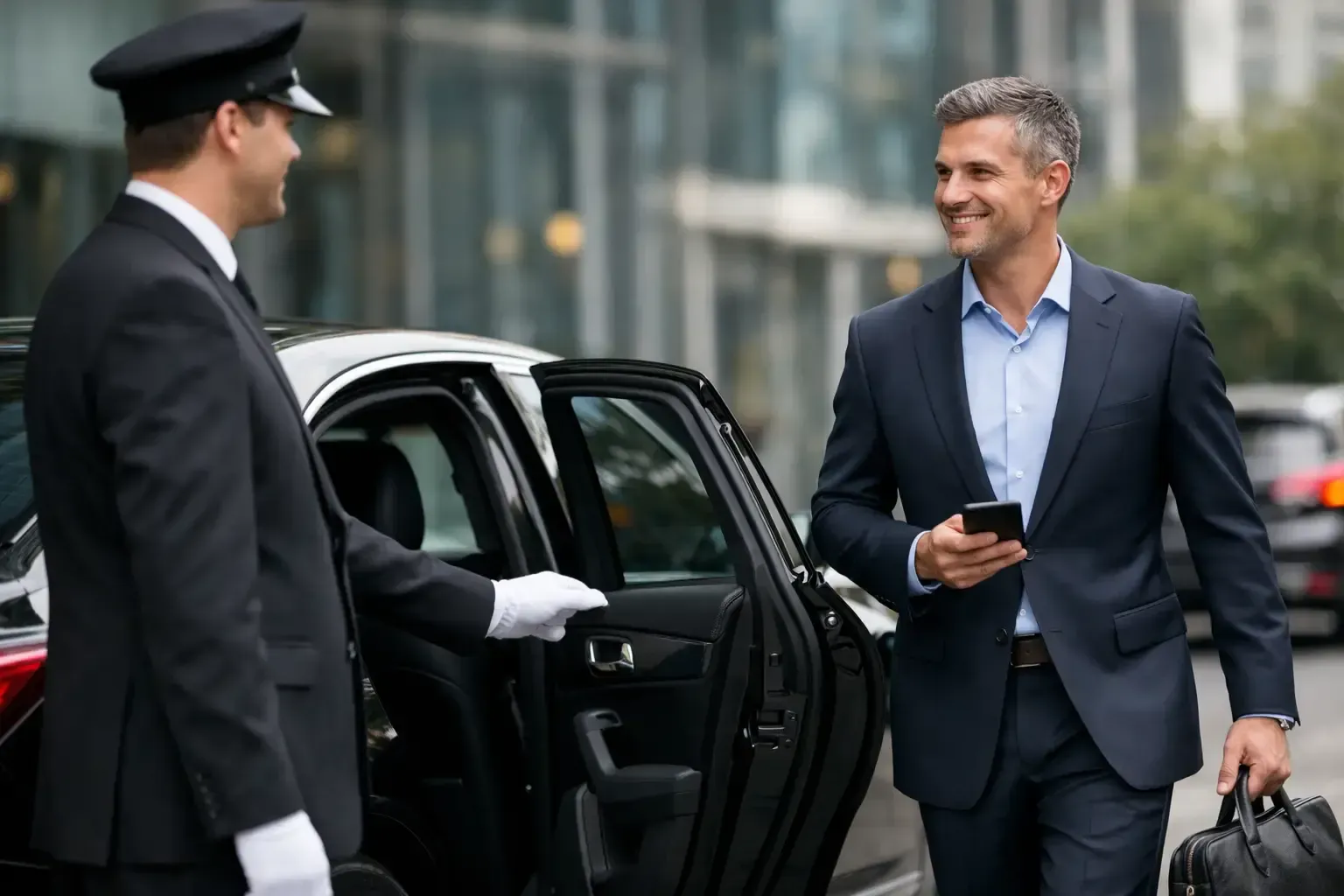 Man in a navy suit getting out of a black car and smiling at a chauffeur outside a building