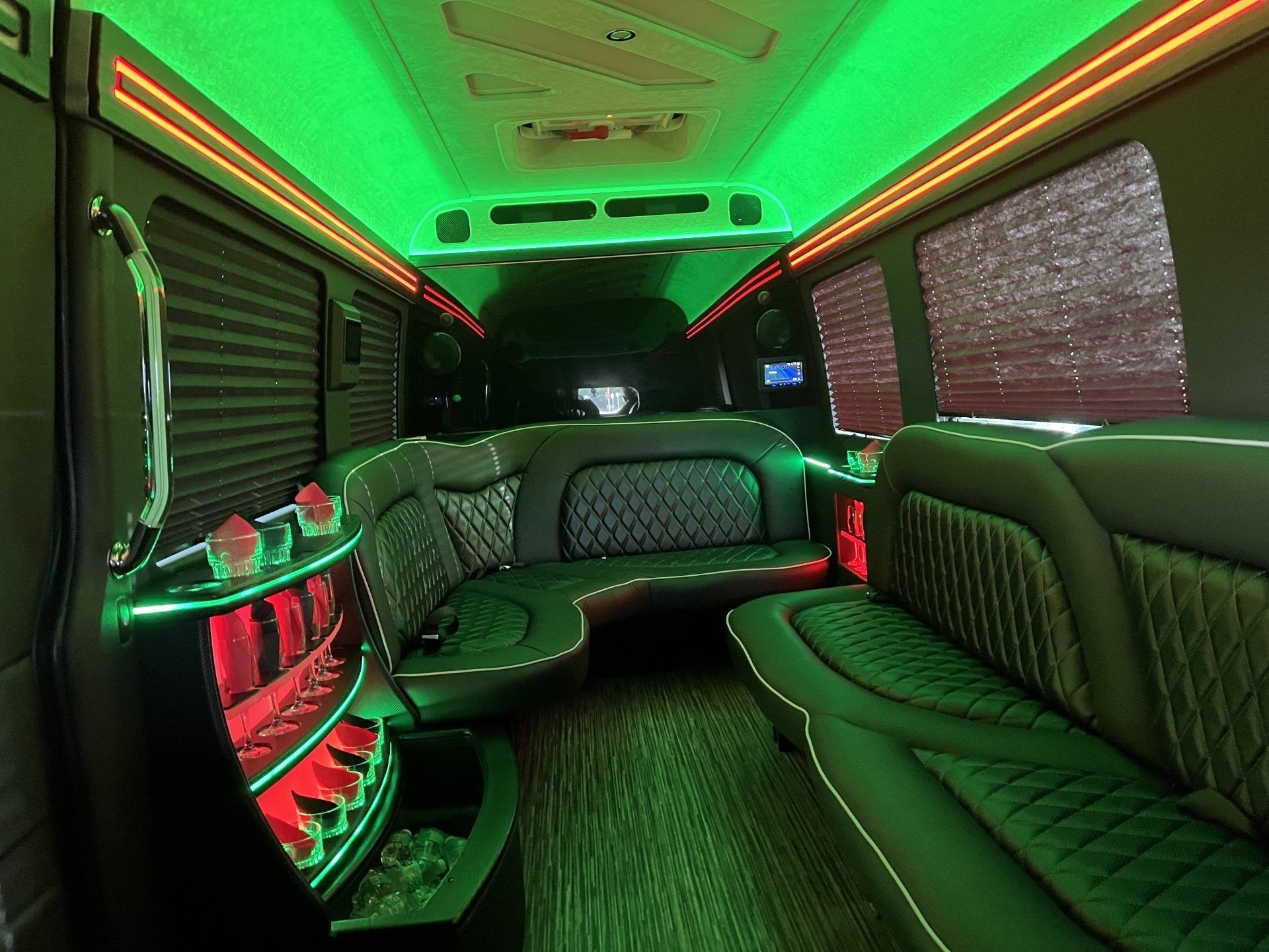 Interior of the 515 MIAMI Mercedes Sprinter limo — group transportation to Hard Rock Stadium events