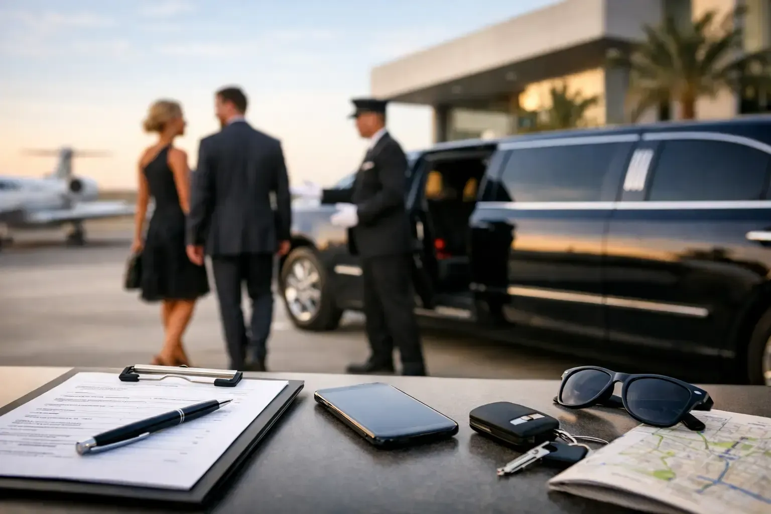 Notebook, pen, sunglasses, map, and smartphone on a table, with a black SUV and people near a building in the background