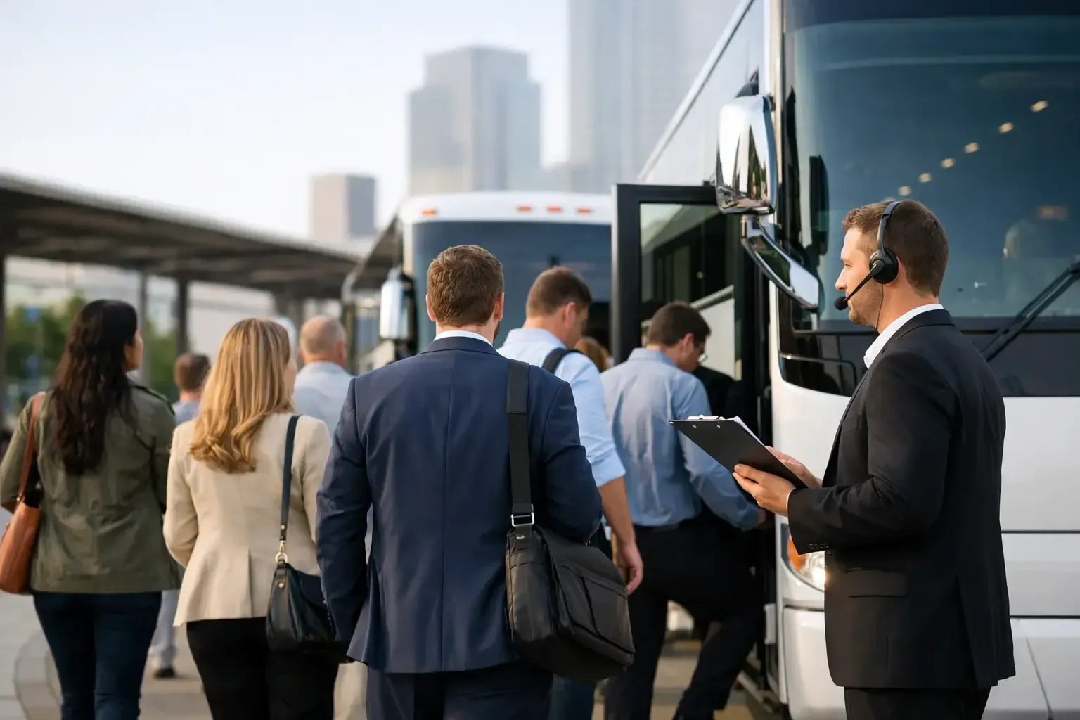 People boarding a bus at a transit stop, with a man in a suit holding a clipboard.