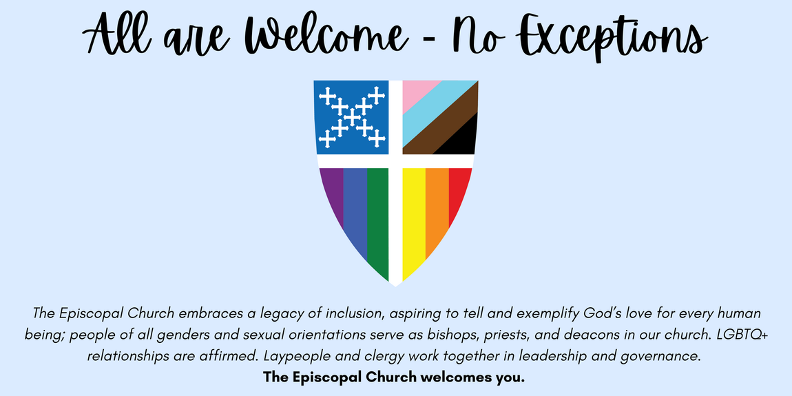 “All are Welcome - No Exceptions” banner with rainbow shield and small blue symbols on a light blue background