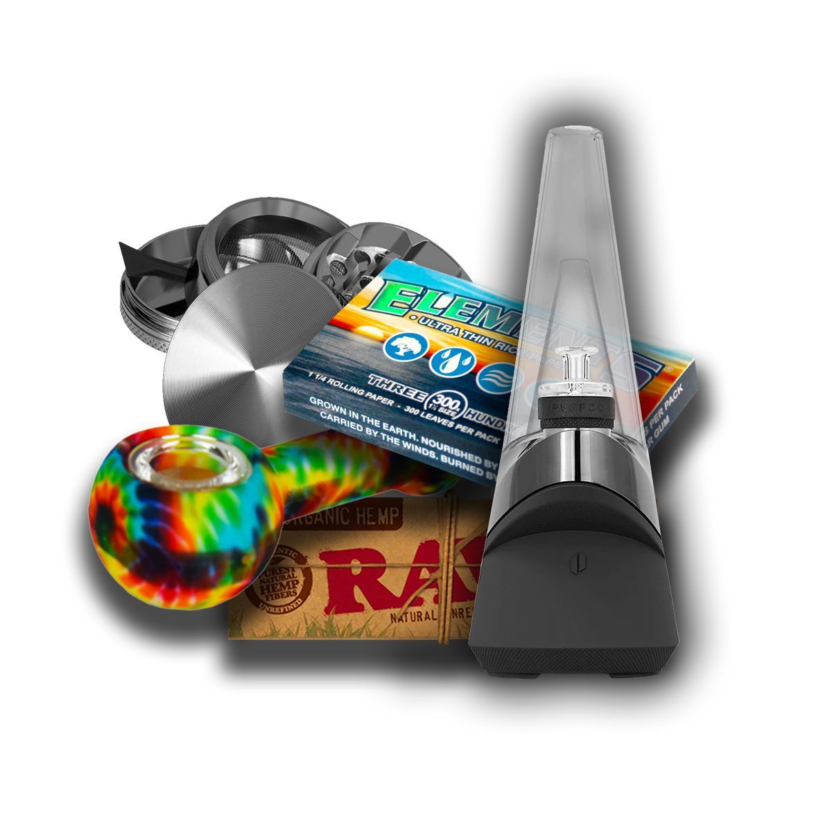 Assortment of cannabis accessories, including grinders, rolling papers, and a vaporizer.