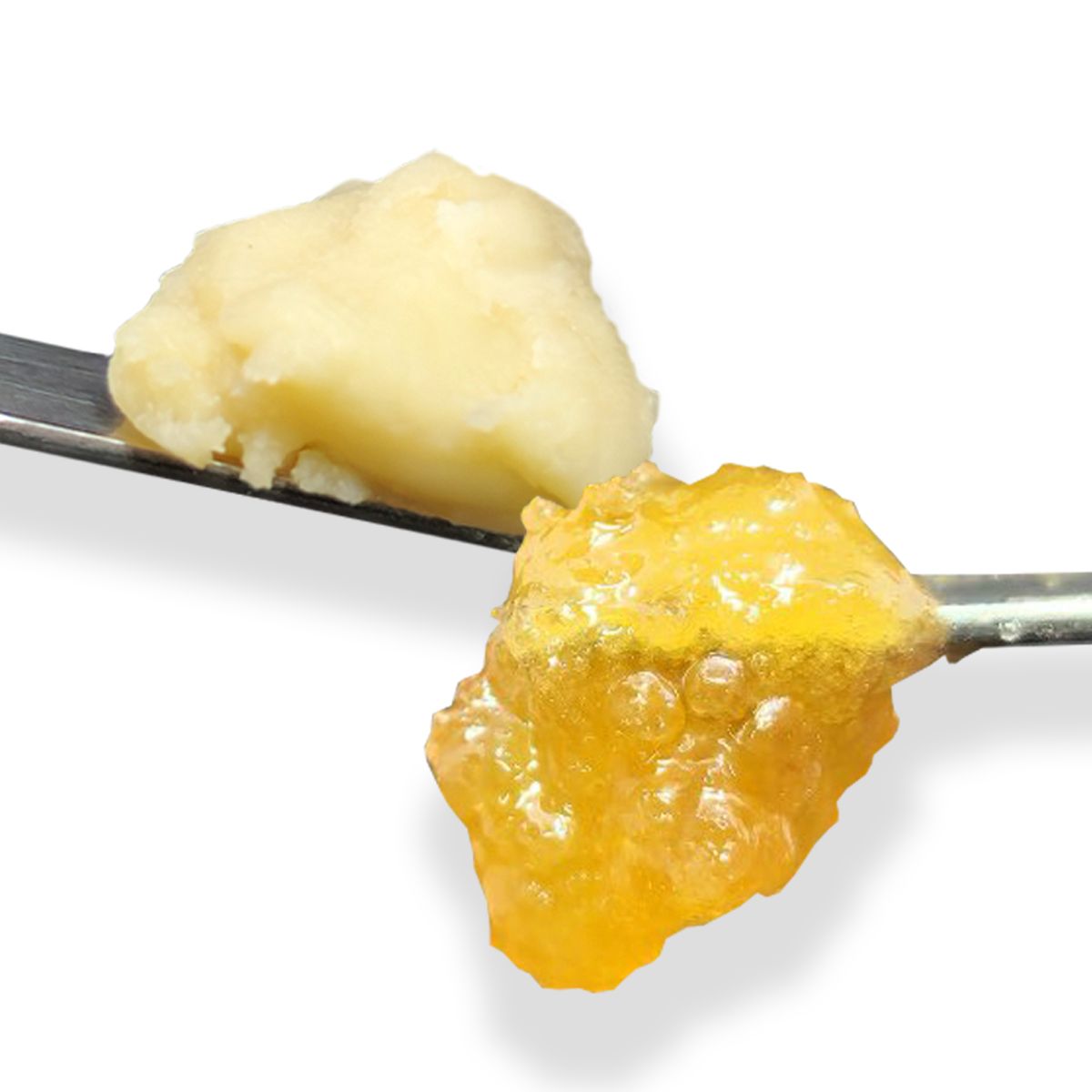 Two cannabis concentrates displayed on metal dab tools against a white background.