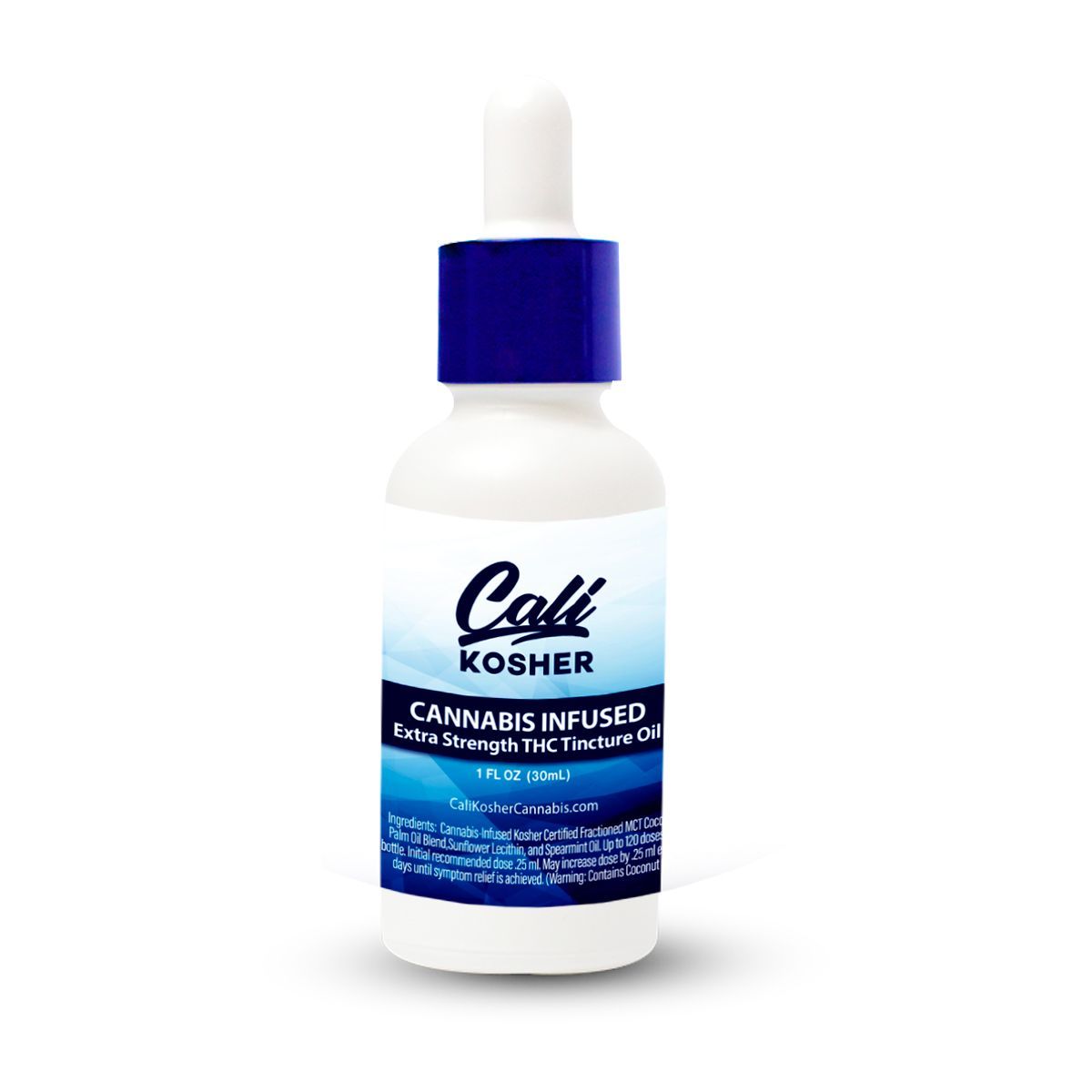 Cali Kosher cannabis tincture bottle with a dropper and blue cap.