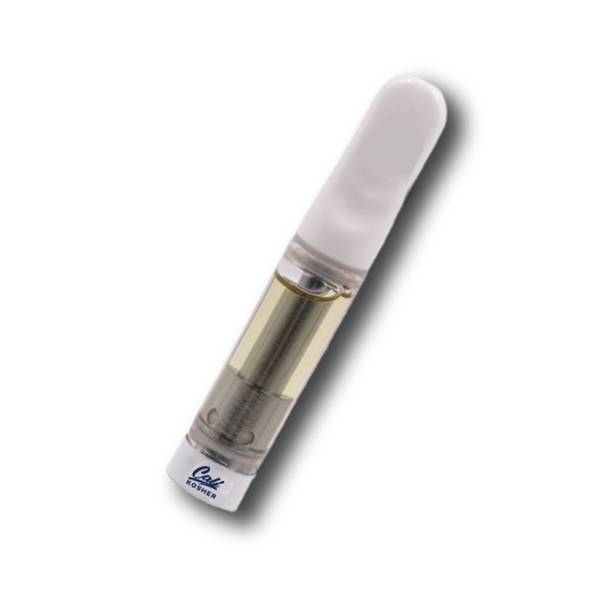 Close-up of a cannabis vape cartridge with a white mouthpiece.