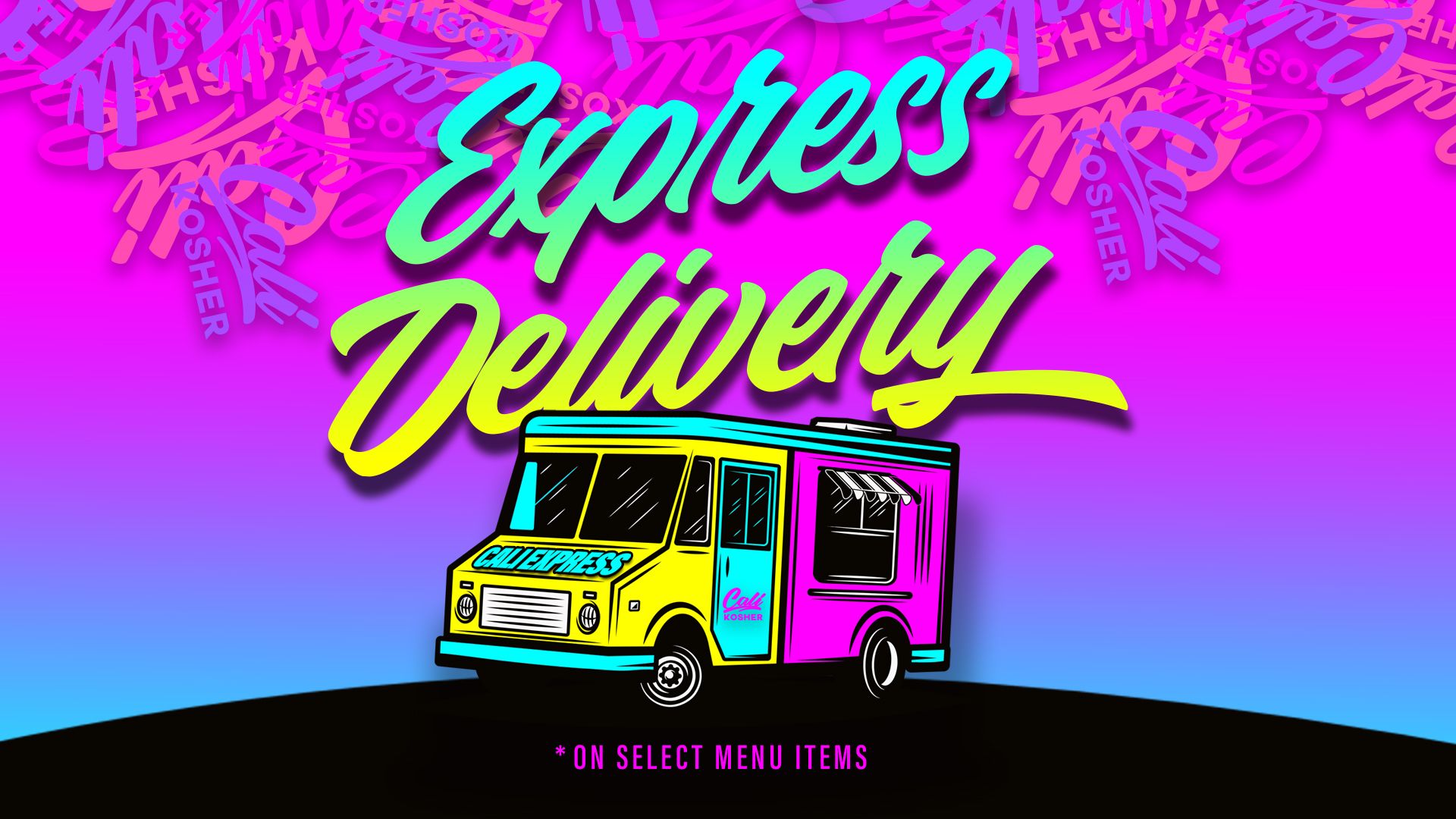 Colorful Cali Kosher Express Delivery graphic featuring a branded delivery truck and “Express Delivery” text.