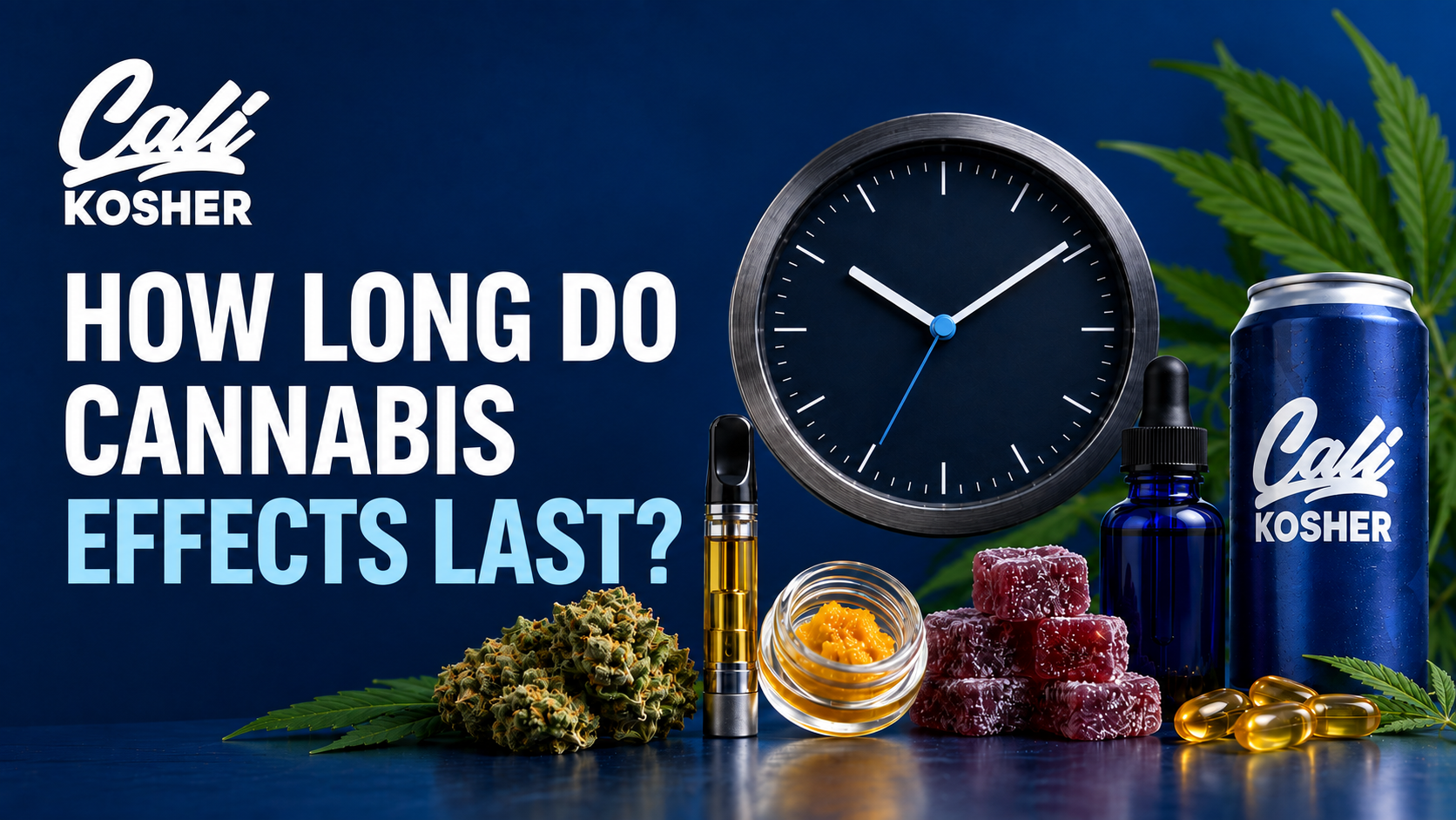 Cali Kosher cannabis guide with clock, marijuana buds, gummies, and glass jar on blue background