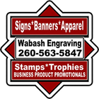 Logo for Wabash Engraving: burgundy and white text on a geometric shape, advertising signs, banners, apparel, stamps, trophies, and promotional products.