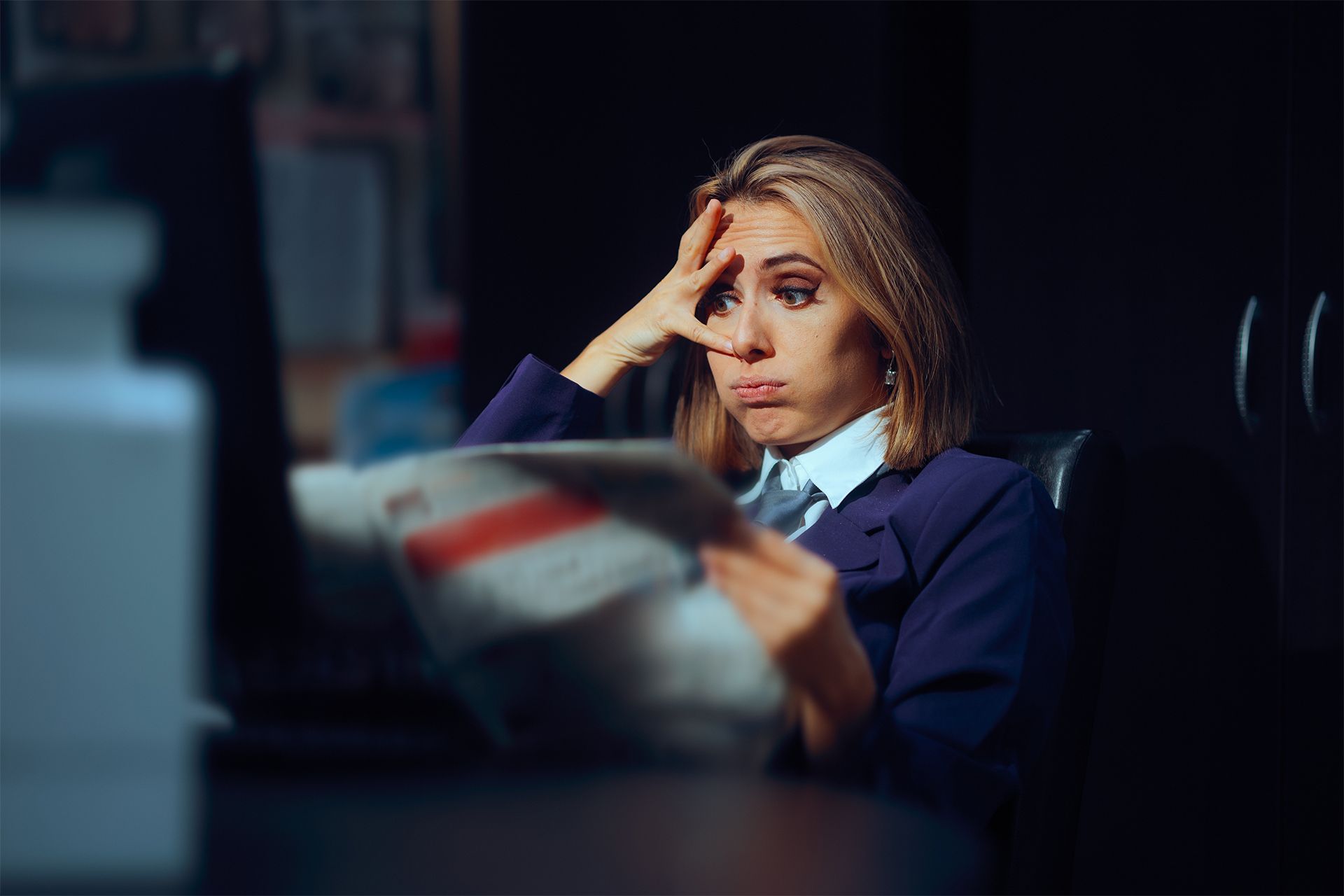 Woman in a blue suit looks stressed while reading a newspaper in a dark office.
