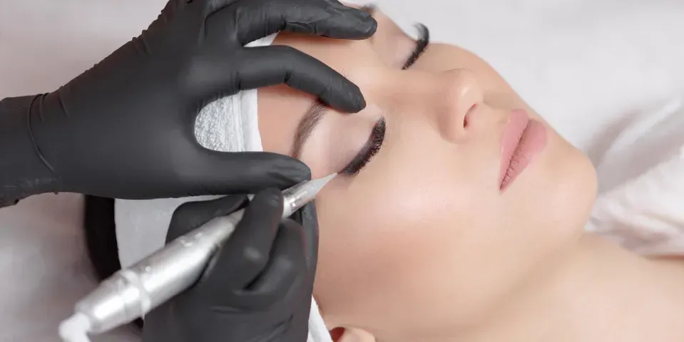 a woman is getting eyeliner tattooed on her eye a woman is getting eyeliner tattooed on her eye