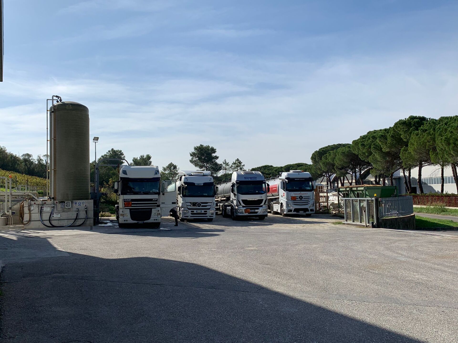 Una fila di camion bianchi sono parcheggiati in un parcheggio.