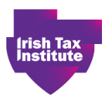 Logo of the Irish Tax Institute in white text on a purple and dark pink geometric design.