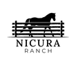 Black horse standing behind a fence above the text &ldquo;NICURA RANCH&rdquo;