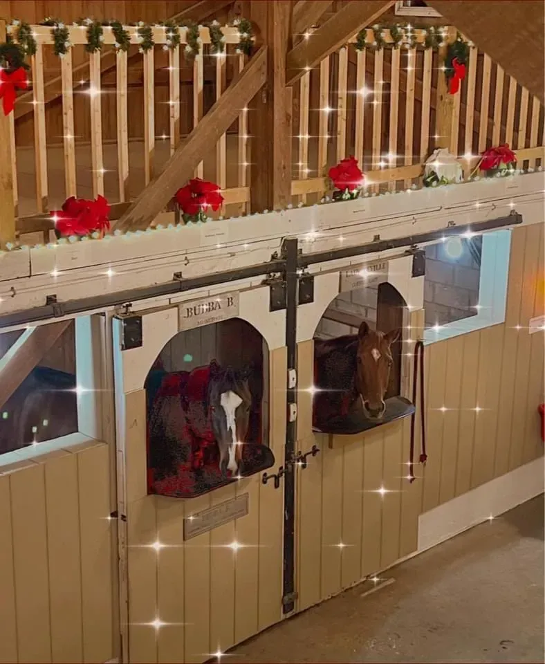 Barn-style cabinet with white top, beige doors, and red holiday bows beneath a wooden loft railing