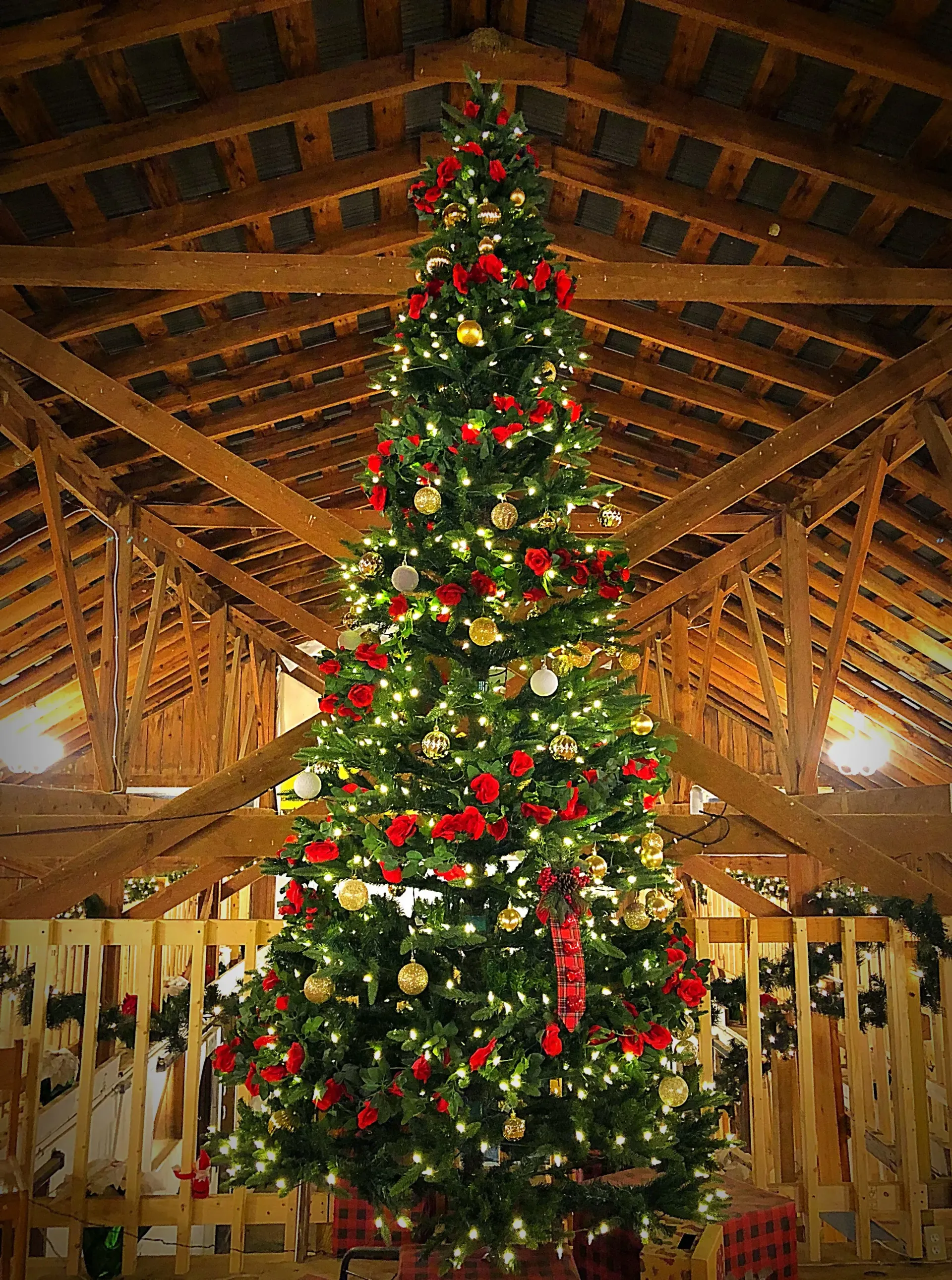 Decorated Christmas tree with red ornaments and lights in a wooden hall