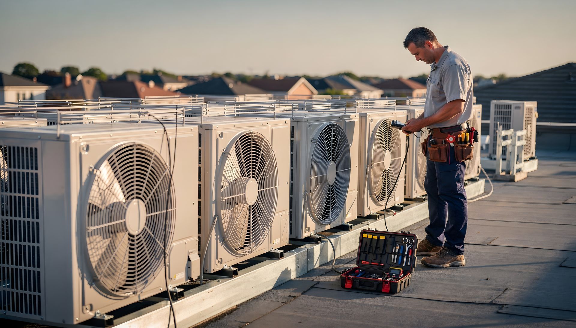 HVAC technician in a tool belt servicing a row of rooftop commercial condenser fan units at sunset.