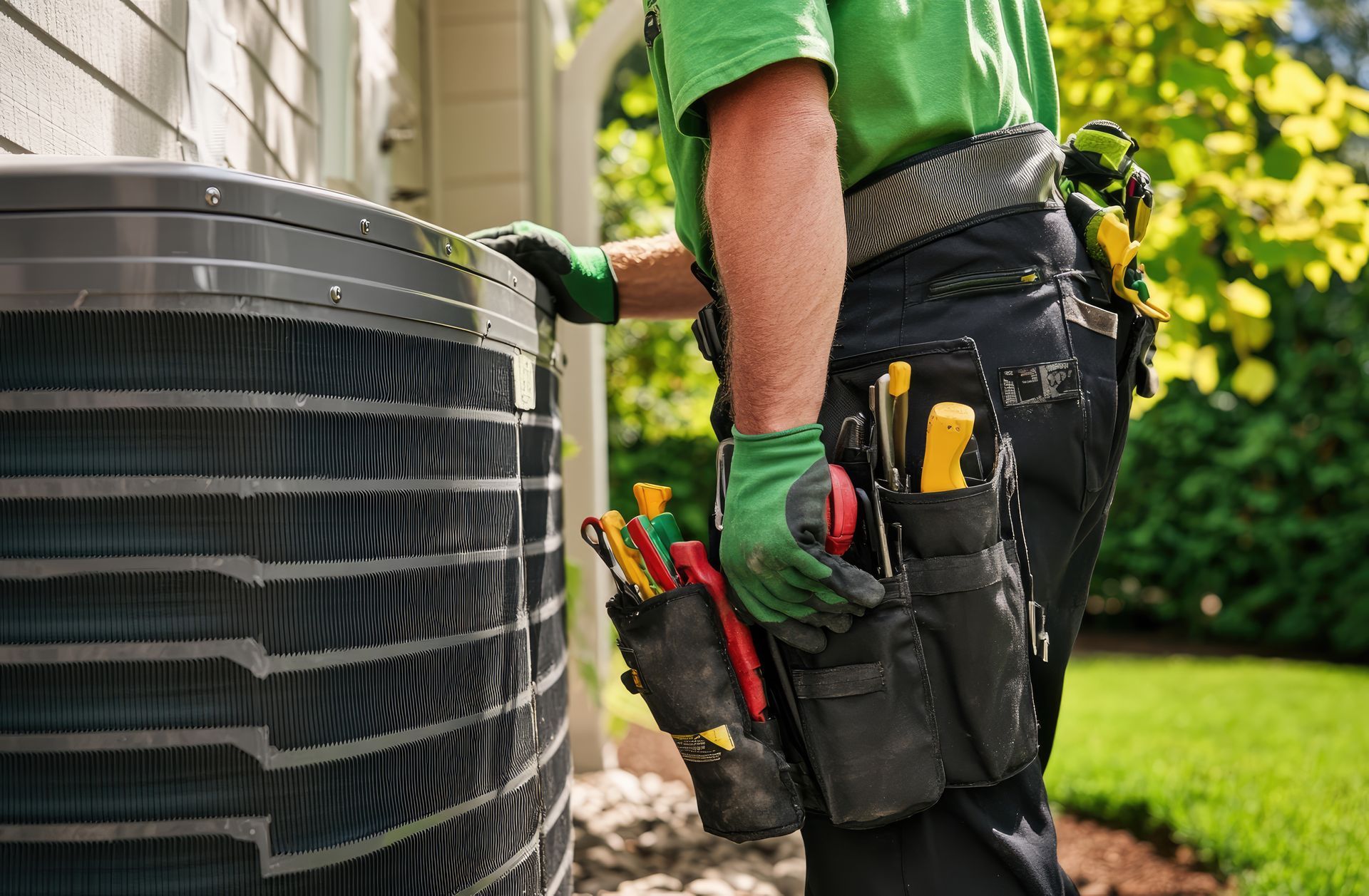 An HVAC technician in green shirt and tool belt inspecting an outdoor residential AC condenser unit.