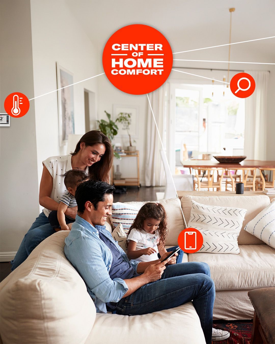 Family relaxing on a beige sofa in a bright living room, with orange home-comfort icons overlaid. Family relaxing on a beige sofa in a bright living room, with orange home-comfort icons overlaid.