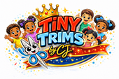 Tiny Trims by CJ logo with crown, scissors, bunny mascot, and smiling cartoon kids on a red, white, and blue ribbon