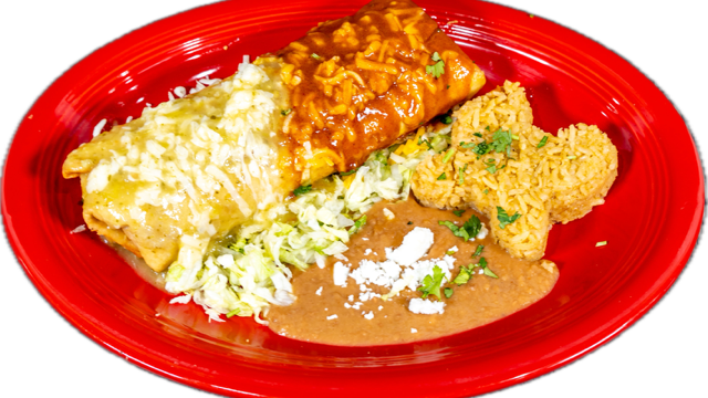 A red plate topped with a burrito , rice and beans.