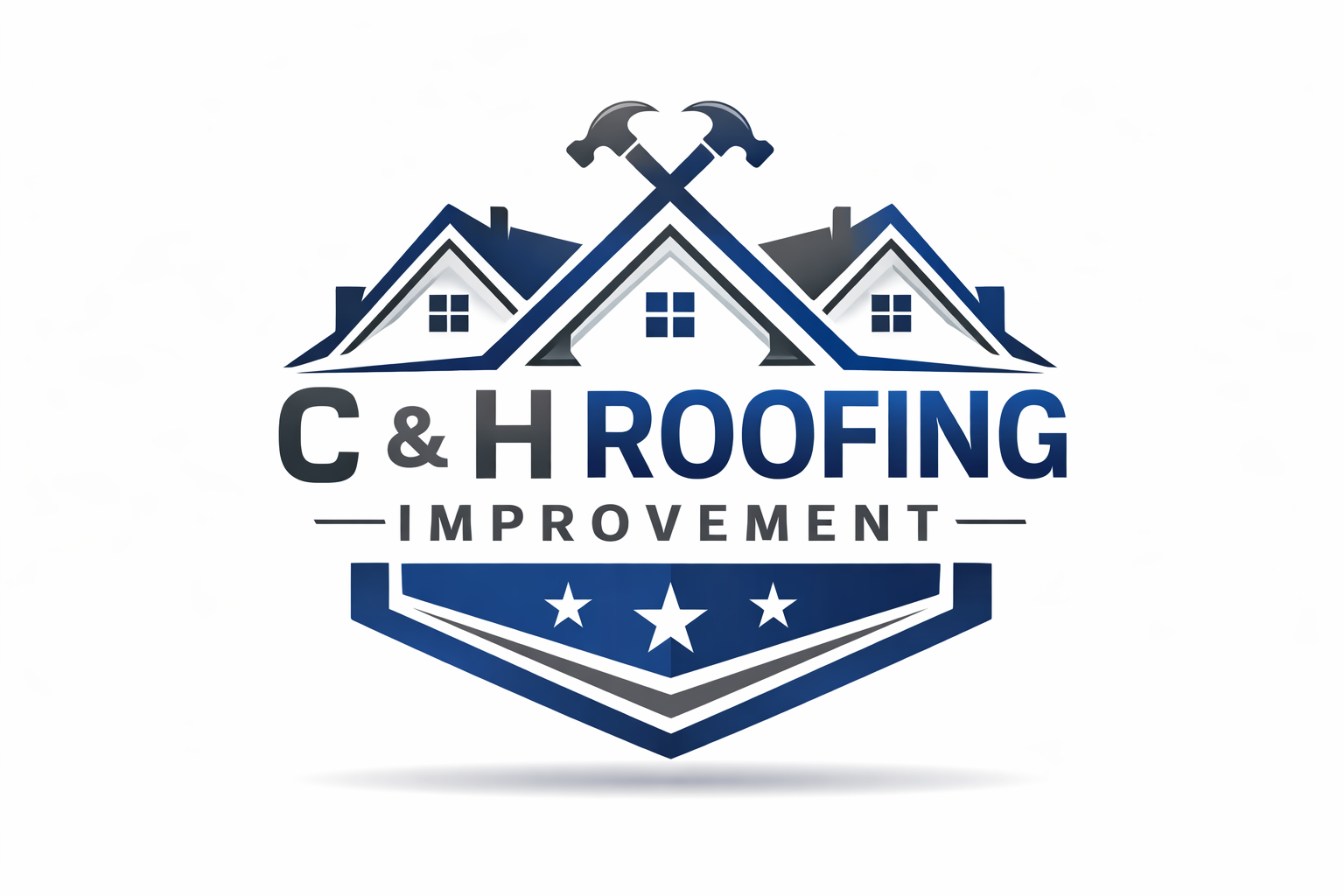 A logo for C&H Roofing Improvement featuring white text under a red roof outline against a dark gray background.