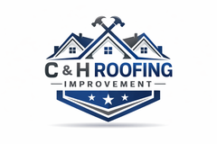 A logo for C&H Roofing Improvement featuring white text under a red roof outline against a dark gray background.