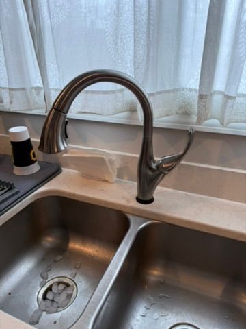 Kitchen sink with a high-arc faucet and dish soap by the window.