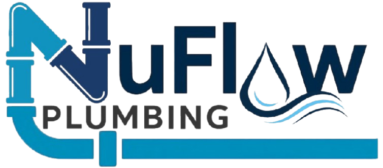 NuFlow Plumbing logo in blue and black with a stylized pipe and water wave