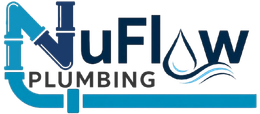 NuFlow Plumbing logo in blue and black with a stylized pipe and water wave