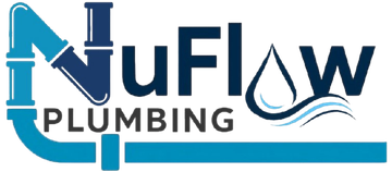 NuFlow Plumbing logo in blue and black with a stylized pipe and water wave