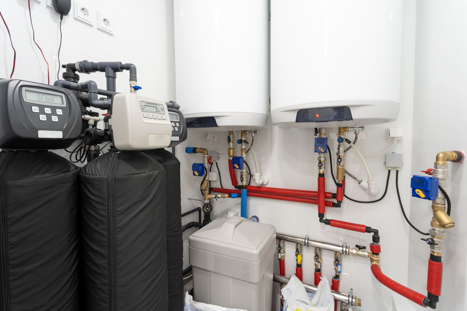 Boiler room with two white tanks, red piping, pumps, and insulated black equipment bags.