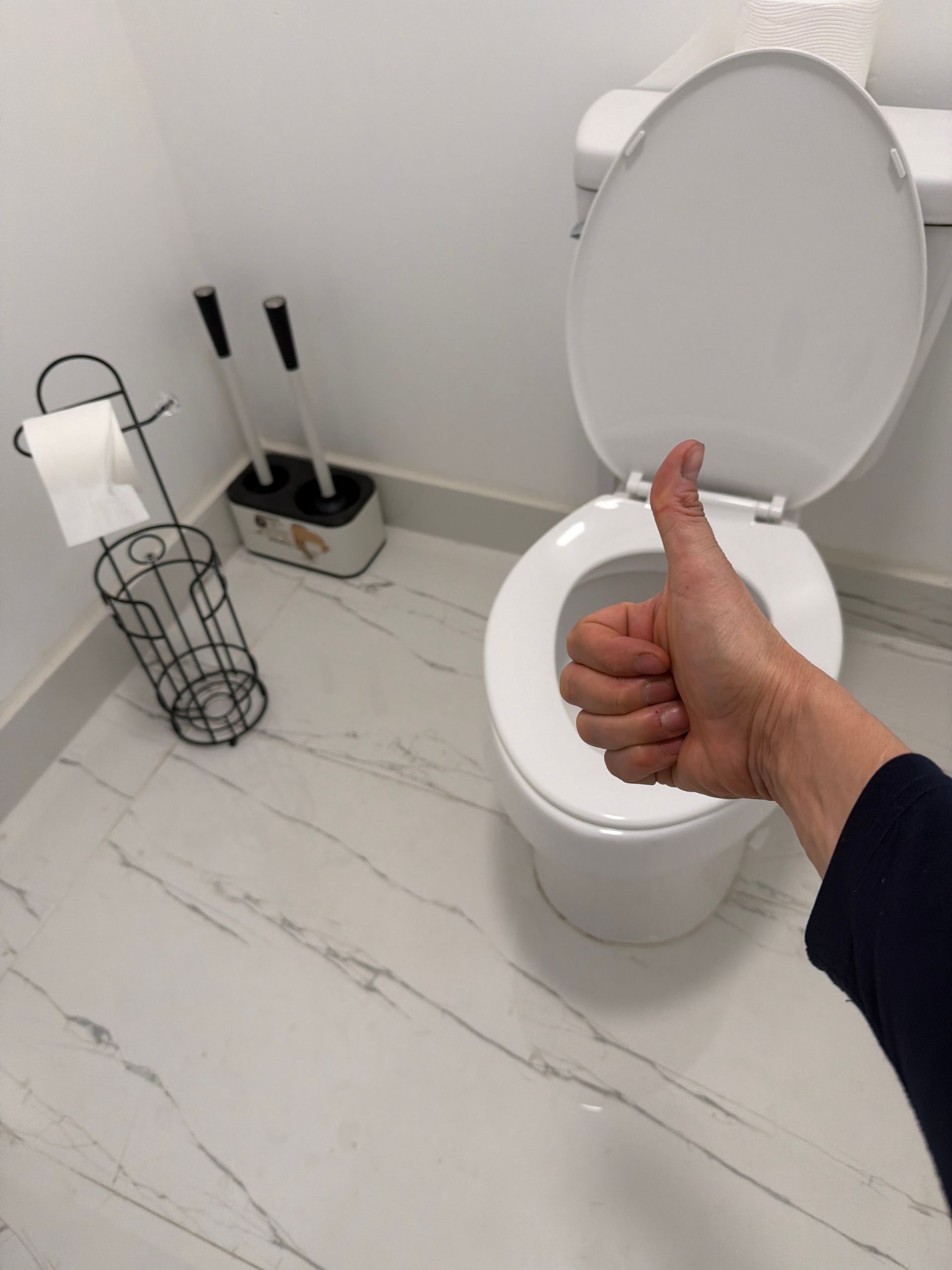 Thumbs-up in a clean bathroom beside a toilet with the lid up, toilet brush, and toilet paper holder.